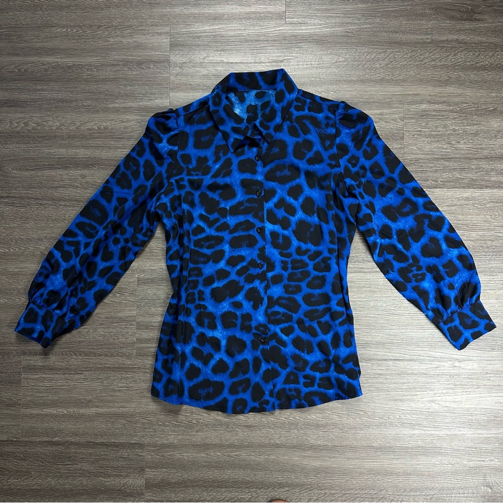 Final Sale: Blue and Black Leopard Print Button Down Blouse